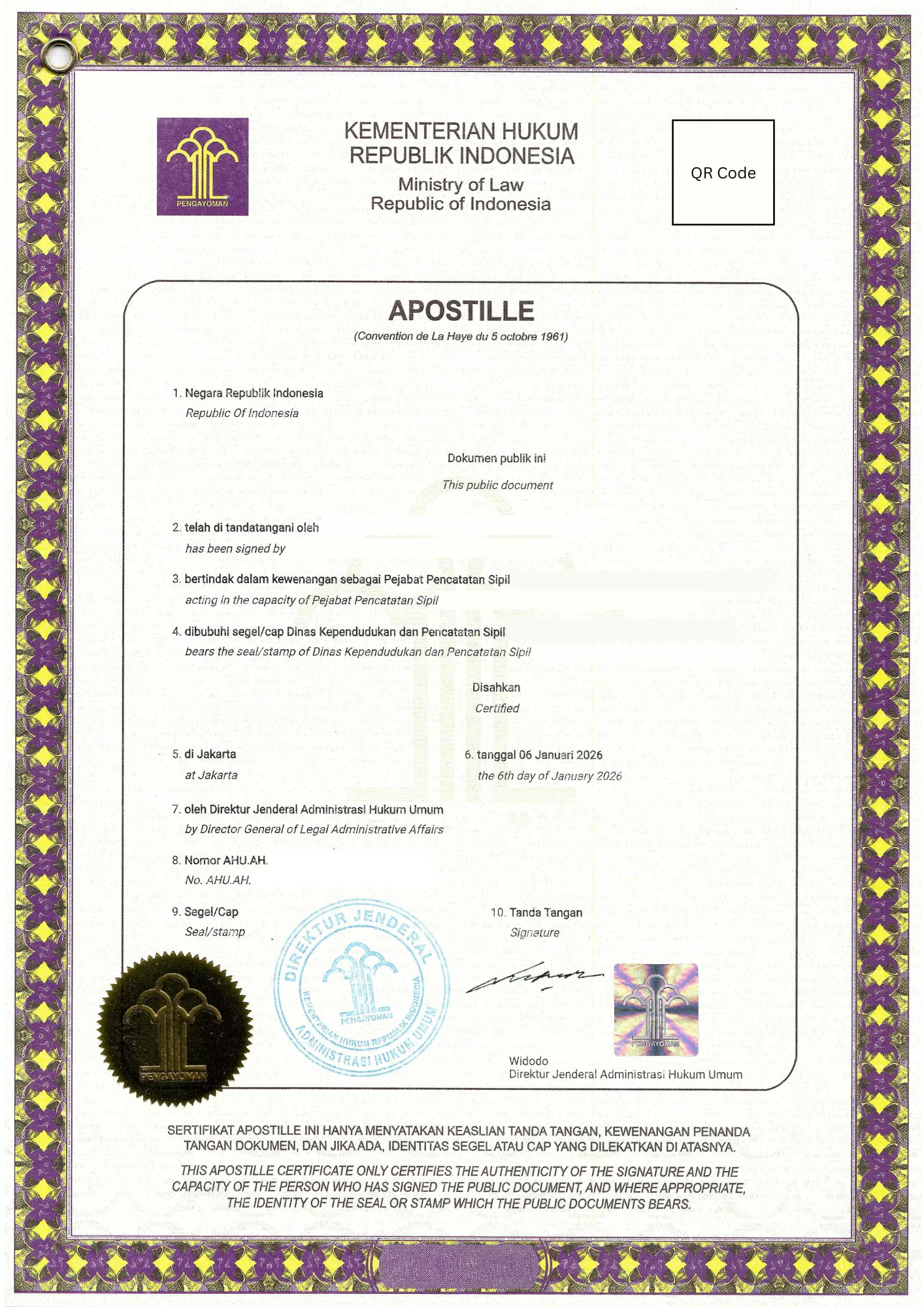 Official Indonesian Apostille Certificate 2026